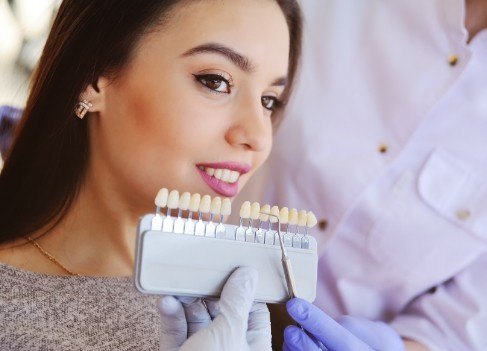 Woman's smile compared with veneers color options