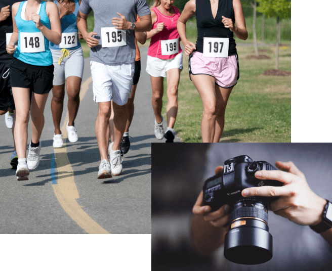 People running a marathon and someone using a camera