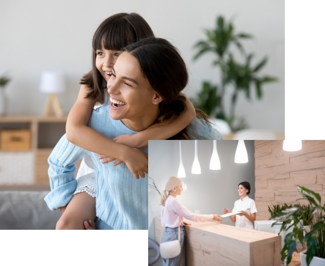 Mother and child laughing together and dental office reception desk