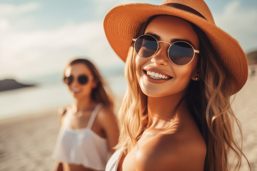 Two friends smiling while walking on beach together