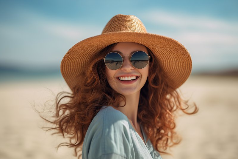 Woman smiles on beach